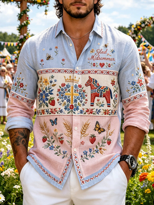 Herrskjorta med konsttryck som hyllar den svenska midsommarfesten, långärmad