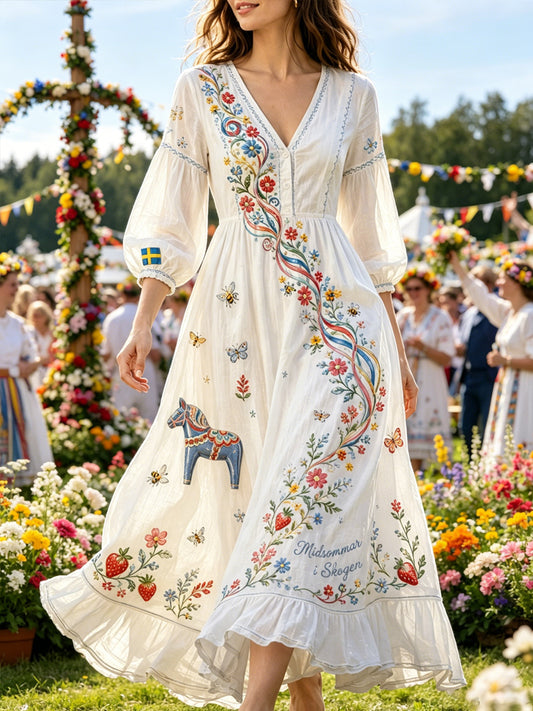 Tryckt Elegant Vintage V-hals midja bälte lång ärm Mini klänning