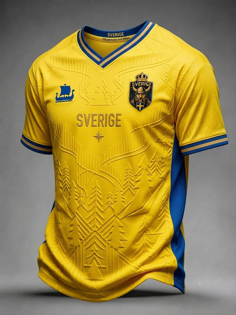 Herrtröja i retrostil med svensk fotbollsmotiv och korta ärmar