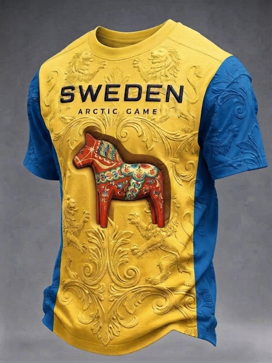 Herrtröja i retrostil med svensk fotbollsmotiv och korta ärmar