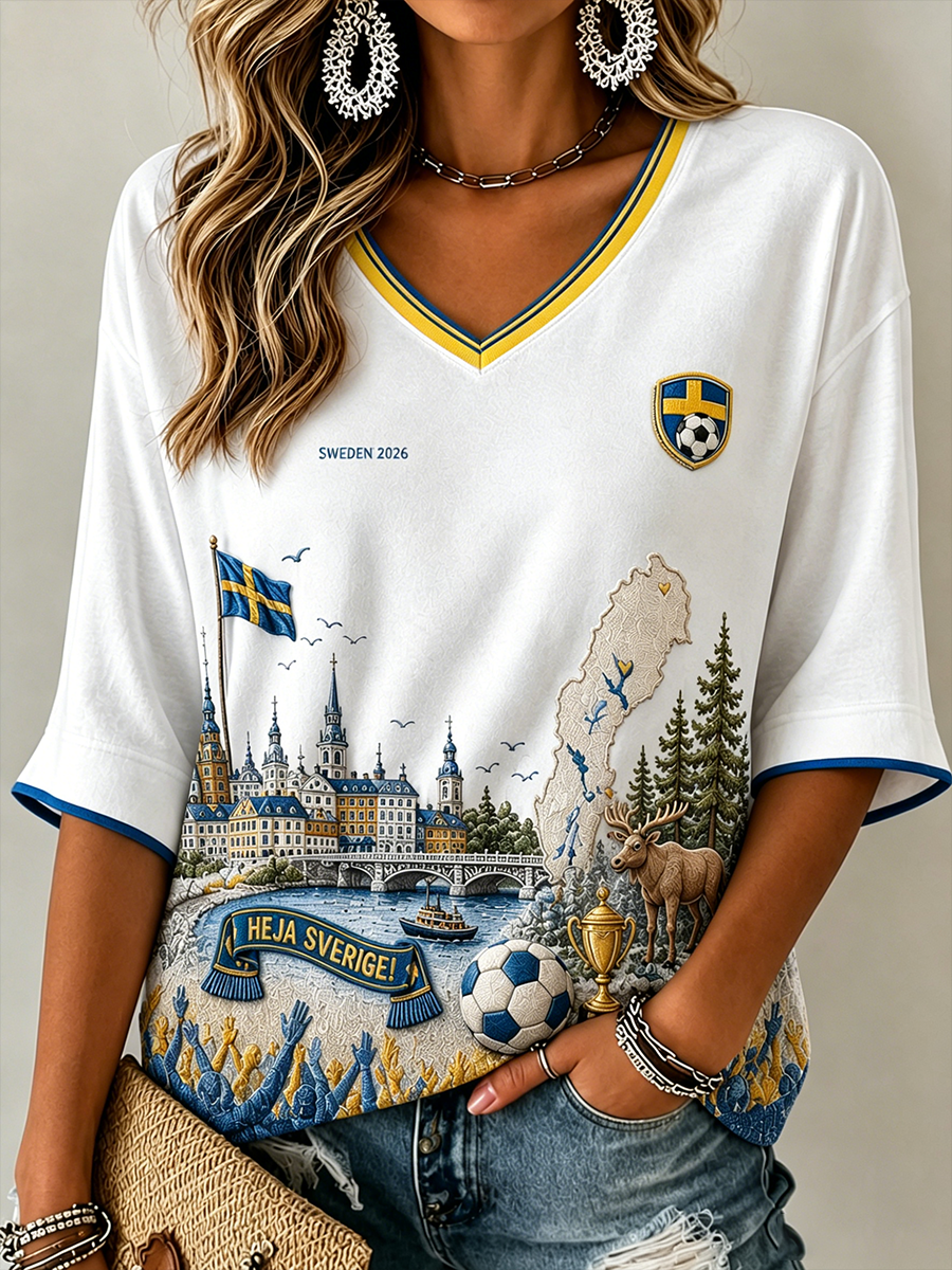 Damerfotboll i Sverige USA-inspirerat blommönsterbroderat linnekavslaget skjorta med V-ringning