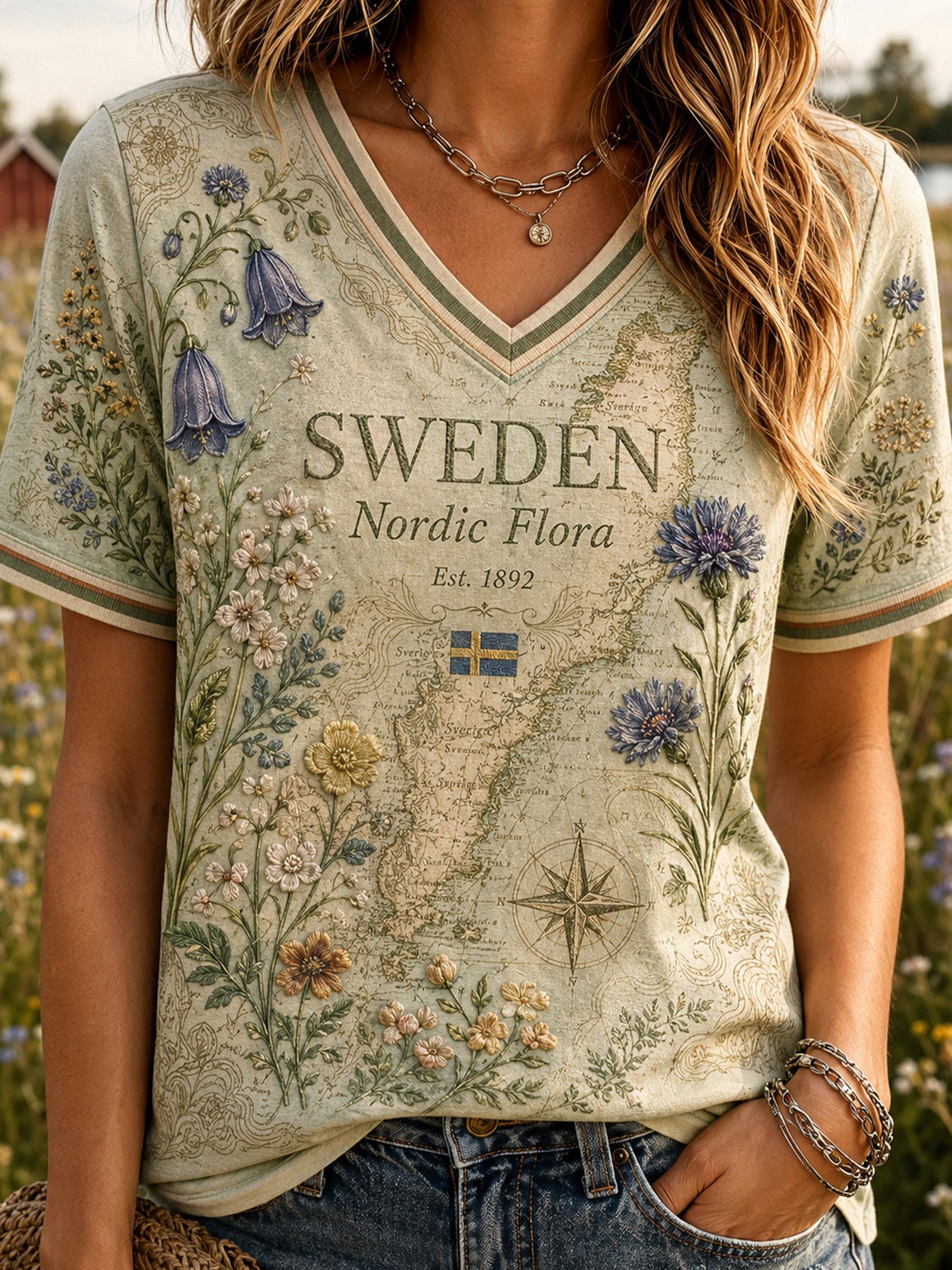 Retro Svenska djurtryckt Casual T-shirt