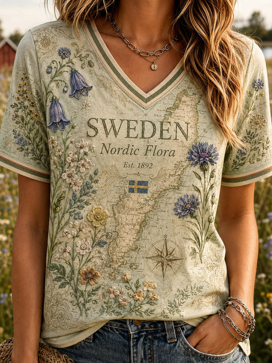 Retro Svenska djurtryckt Casual T-shirt