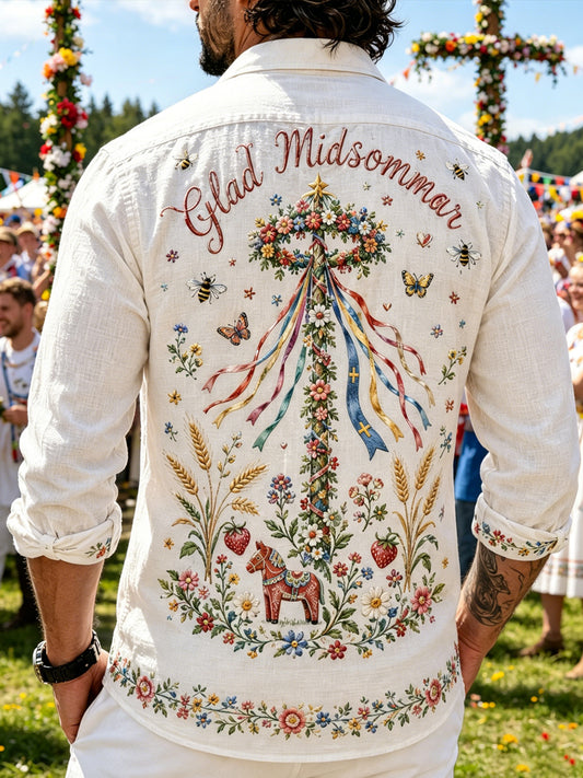 Herrskjorta med konsttryck som hyllar den svenska midsommarfesten, långärmad