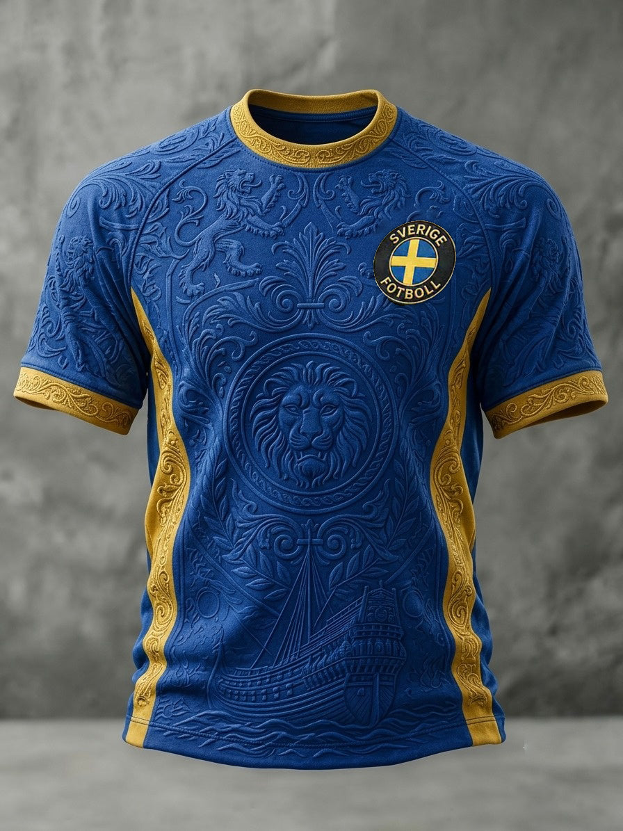 Herrtröja i retrostil med svensk fotbollsmotiv och korta ärmar