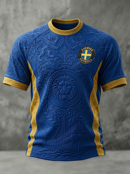 Herrtröja i retrostil med svensk fotbollsmotiv och korta ärmar