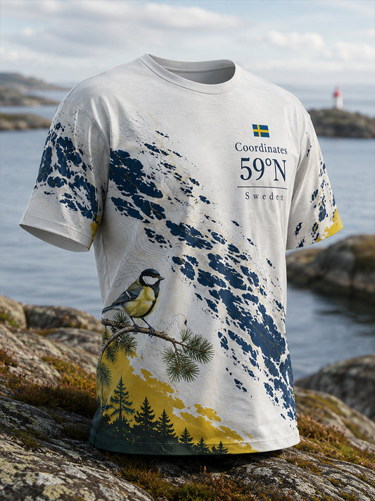 Herrtröja med konsttryck av svensk fågel och naturliga element