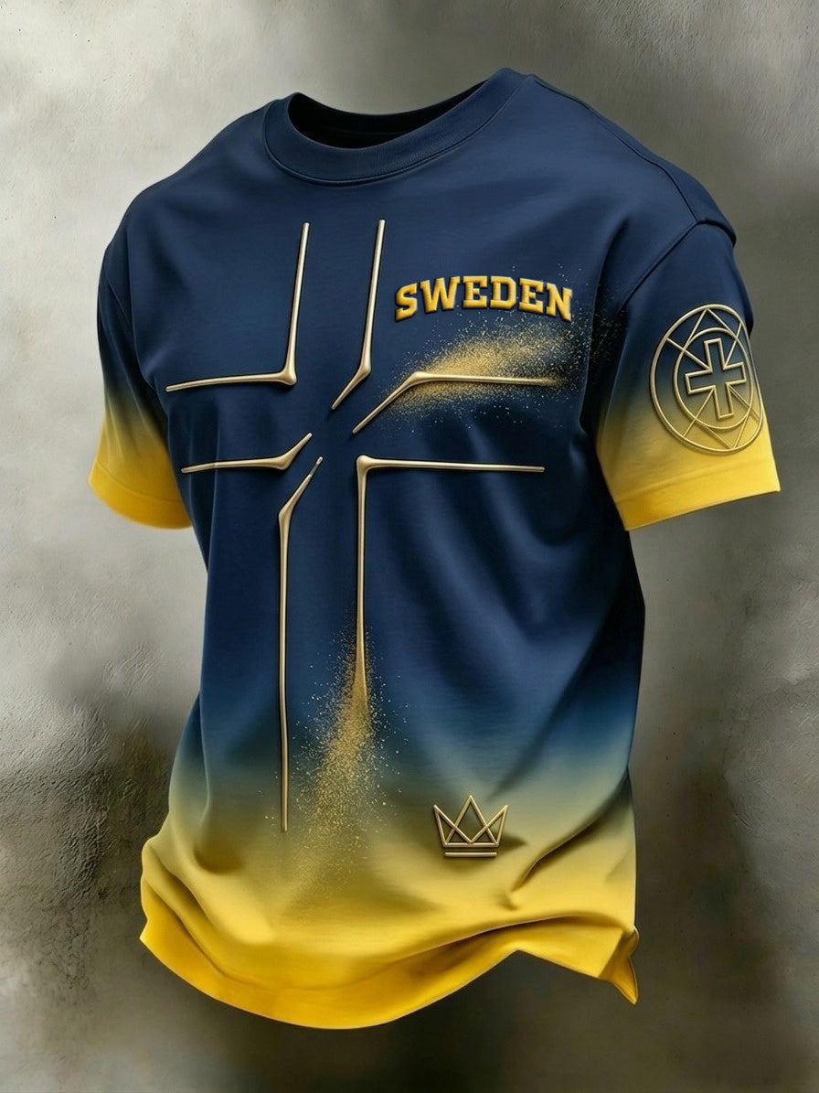 Herrtröja i retrostil med svensk fotbollsmotiv och korta ärmar