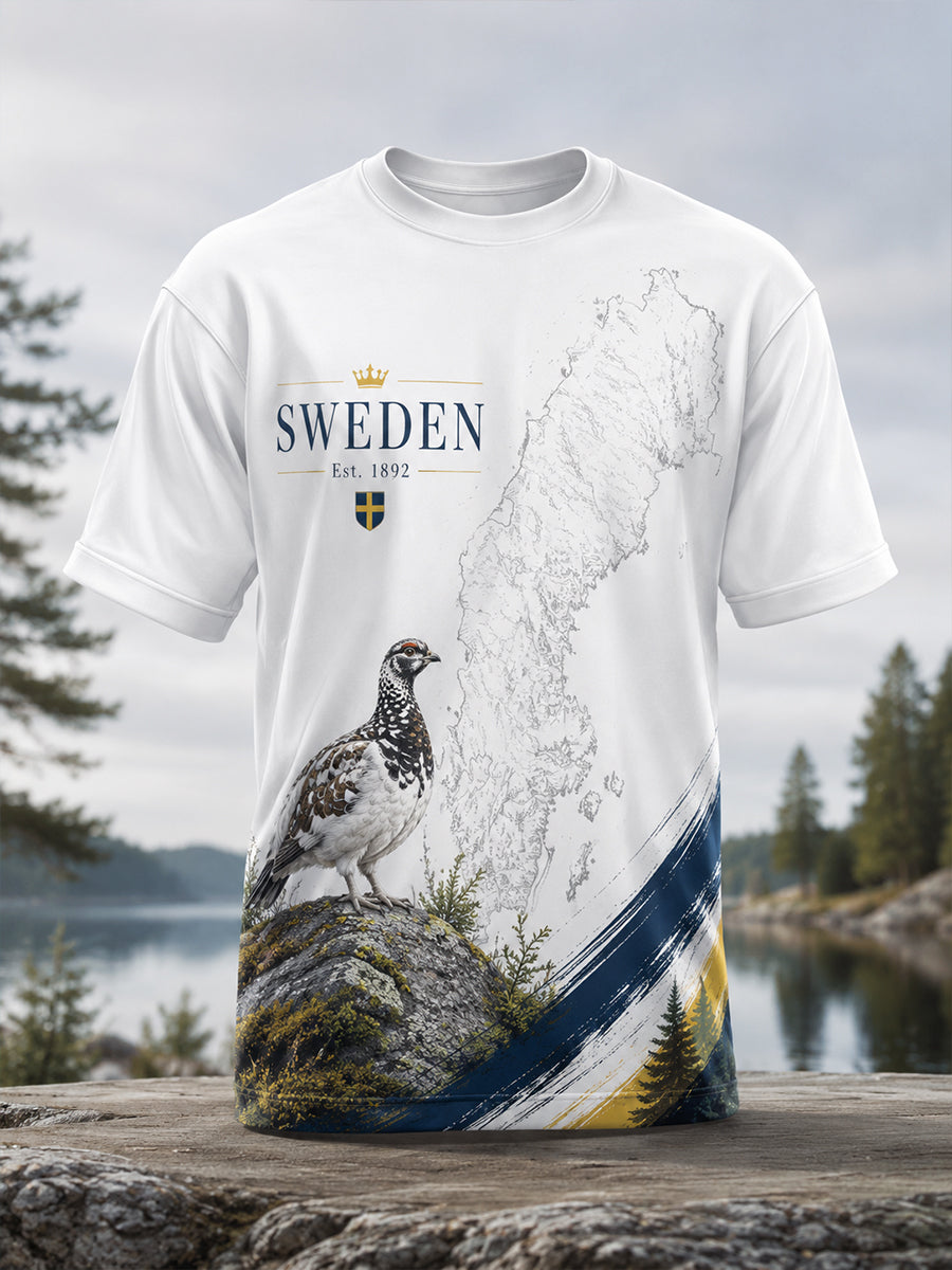 Herrtröja med konsttryck av svensk fågel och naturliga element