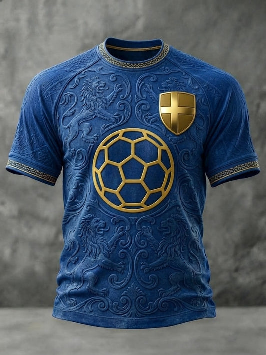 Herrtröja i retrostil med svensk fotbollsmotiv och korta ärmar