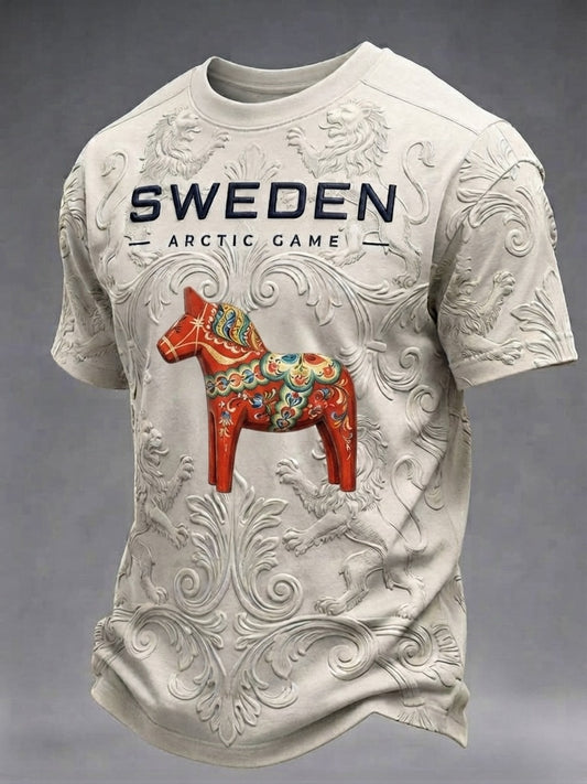 Herrtröja i retrostil med svensk fotbollsmotiv och korta ärmar
