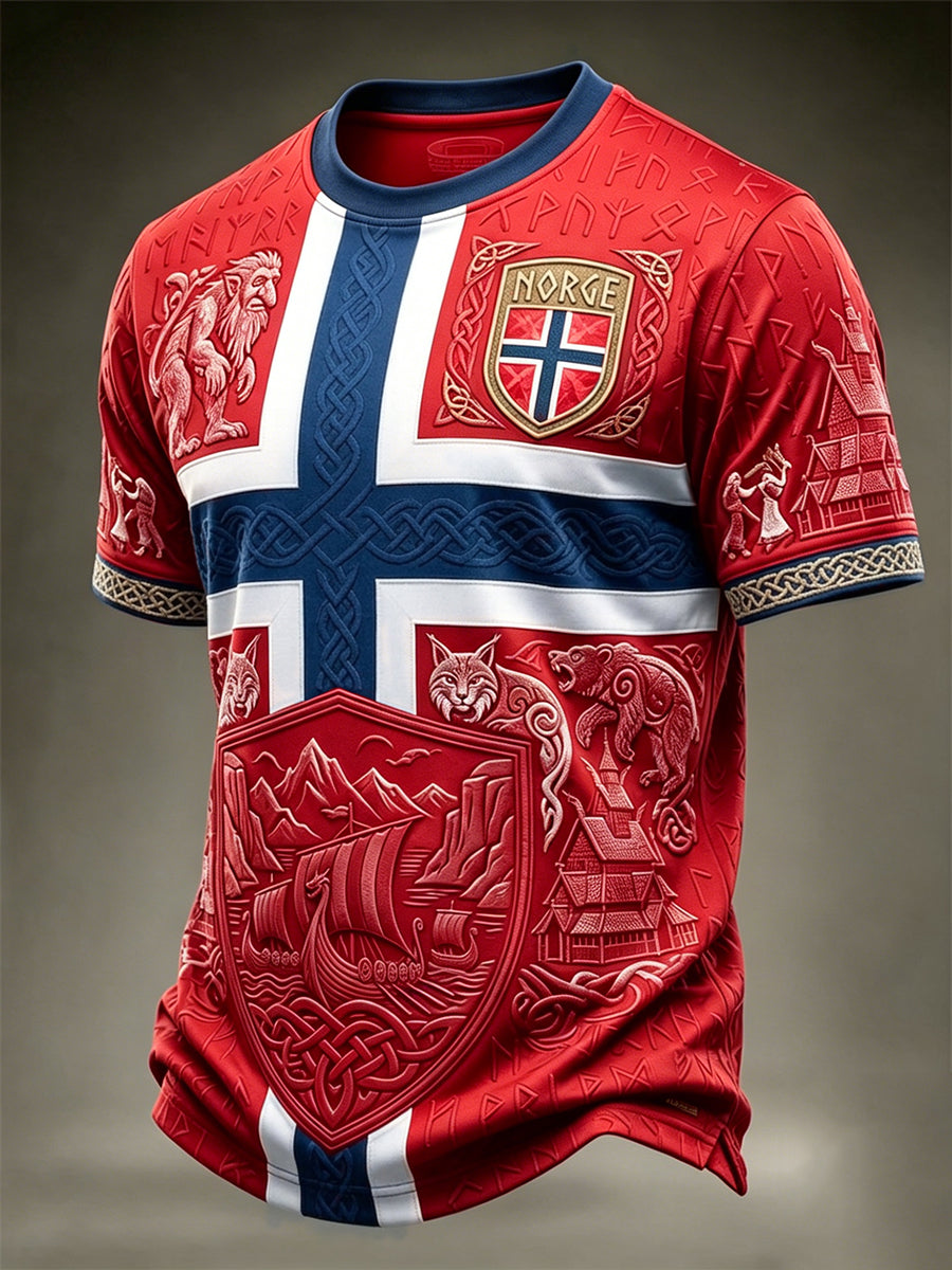 Herre-T-skjorte med viking-inspirert kunsttrykk, kortermet, for fotballfans av Norge