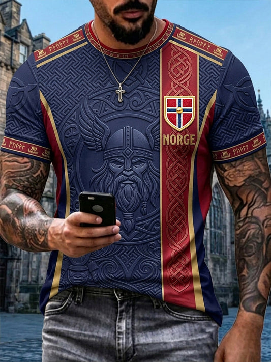 Menn Vintage Viking-inspirert kunst Norge Fotballfan T-skjorte med korte ermer