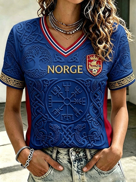 Kvinner Viking Inspirert Print Norge fotballvifte Kortærmet T-skjorte