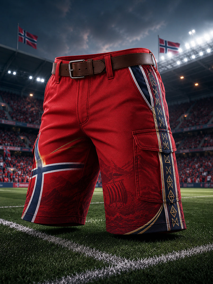 Kort cargo-bukse med trykk og fotballmotiv for menn