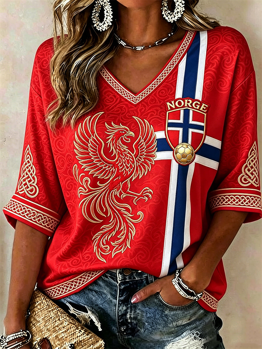 Kvinner Norge Fotball Viking Fugl Keltisk knute Flagget trykk Midtlange ermer V-utringning T-skjorte