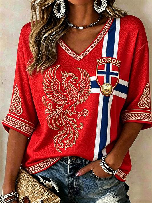 Kvinner Norge Fotball Viking Fugl Keltisk knute Flagget trykk Midtlange ermer V-utringning T-skjorte