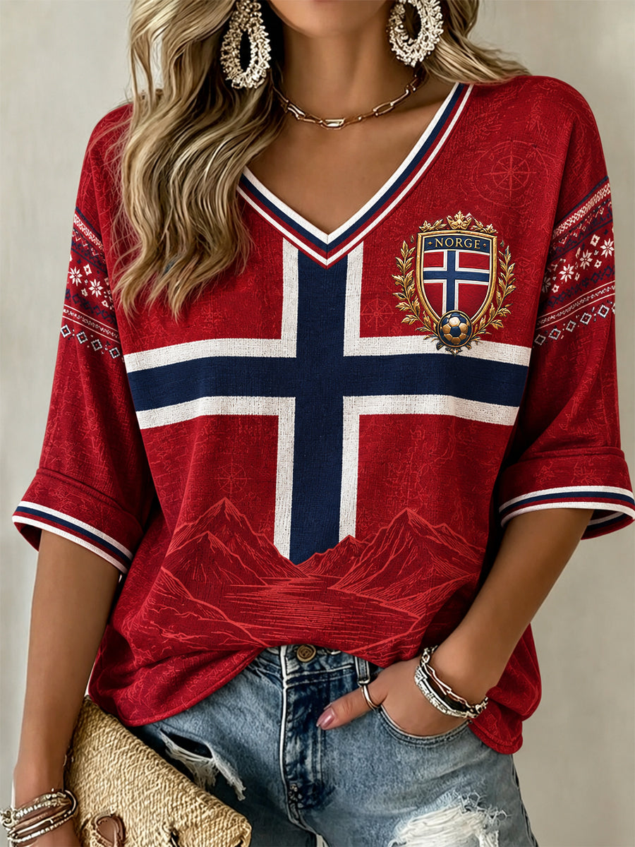 Kvinner Retro Norge 2026 fotball, klassisk v-hals T-shirt