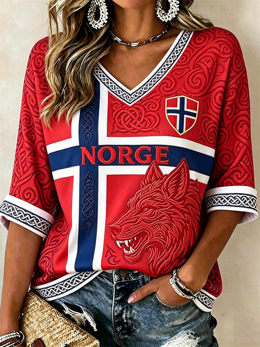 Kvinnerfotball Viking Ulv keltisk knutflagg Skriv ut midt lengde ermer V-hals T-shirt