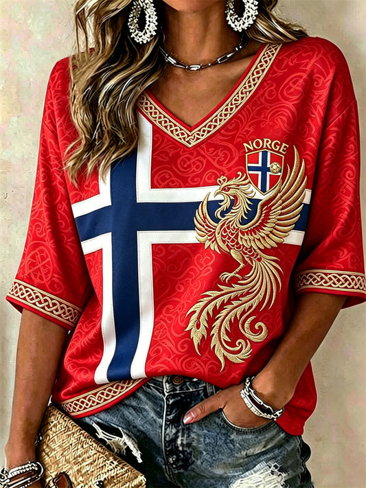 Kvinnerfotball Viking Phoenix Celtic Knutflagg Skriv ut midt lengde ermer V-hals T-shirt