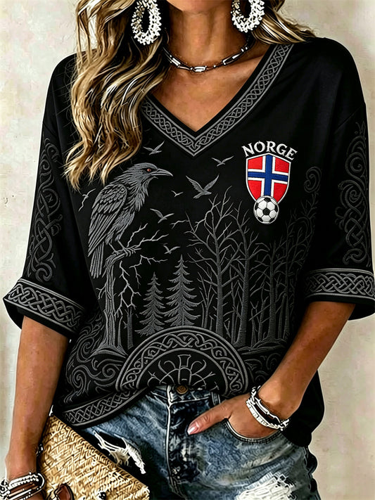 Kvinner fotball Viking Raven Skog Celtic Knuter Skriv ut midt lengde ermer V-hals T-shirt