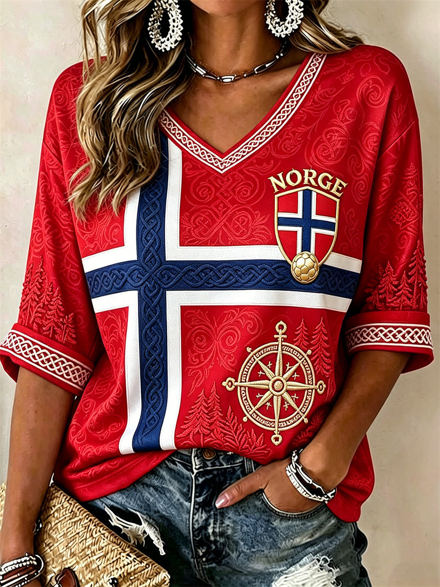 Kvinner Norge Fotball Viking Kompas Skog Keltisk knute Flagget Trykk Midtlange ermer V-utringning T-skjorte