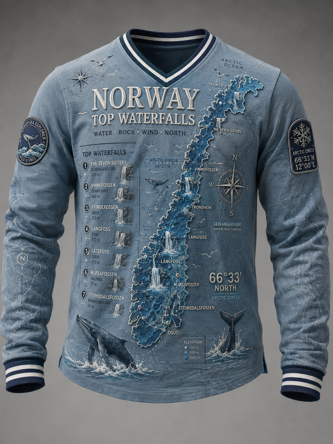 V-utringning kart over Norge retro stil løs langærmet sweatshirt