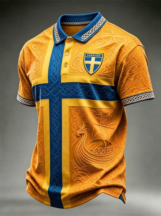 Herrpolotröjor i retrostil med svensk fotbollsmotiv och korta ärmar