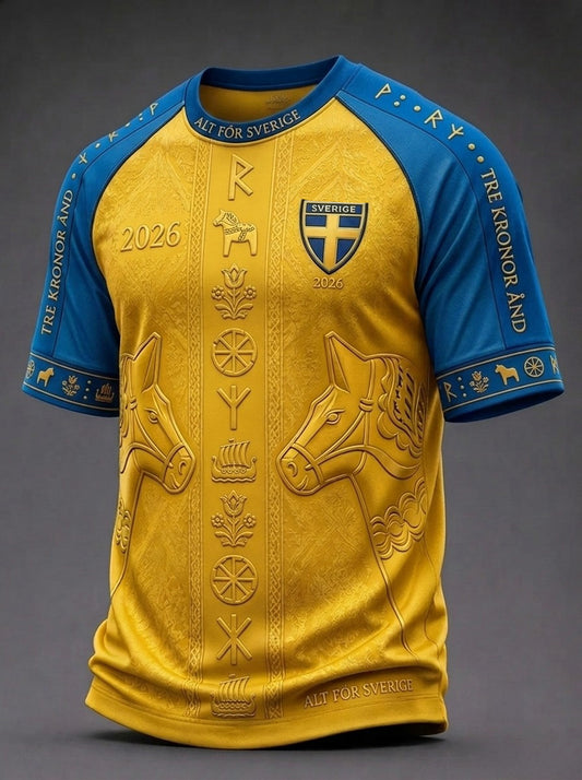 Herrtröja i retrostil med svensk fotbollsmotiv och korta ärmar