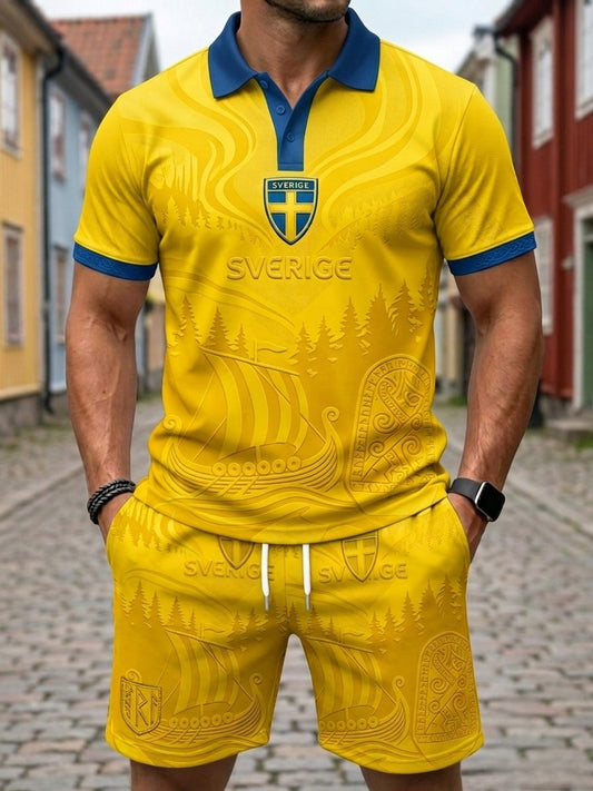Herrset med retrotryck i svensk fotbollsstil – piké med korta ärmar