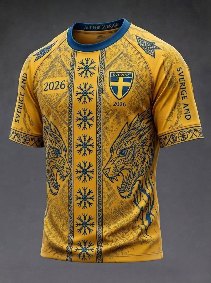 Herrtröja i retrostil med svensk fotbollsmotiv och korta ärmar