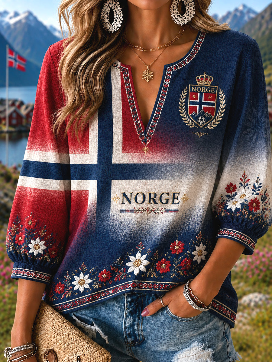 Kvinnelig retro norsk fotball blomstergradient kunst V-utringning topp