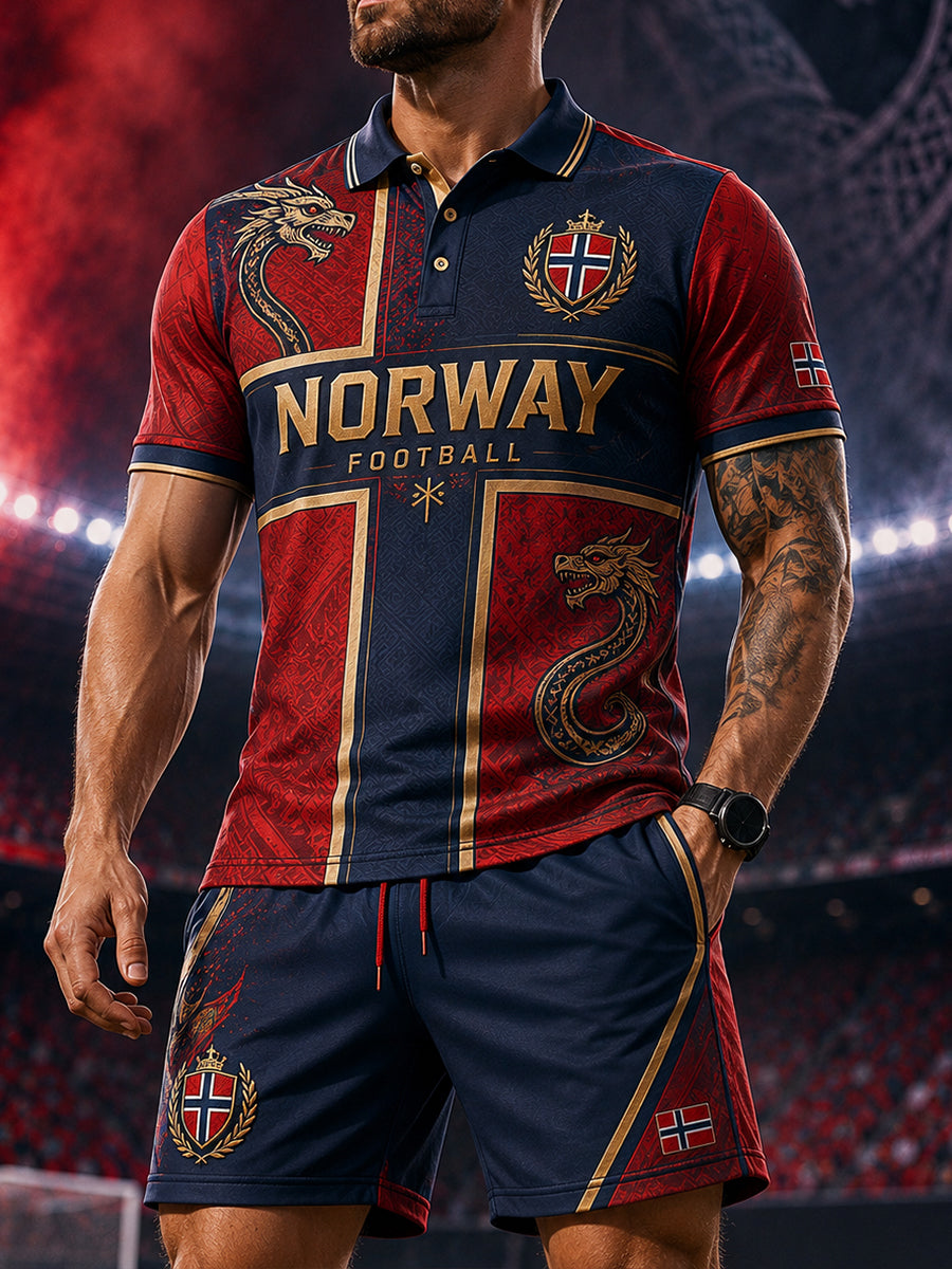 Herresett med poloskjorte med viking- og fotballmotiv og kortermet design