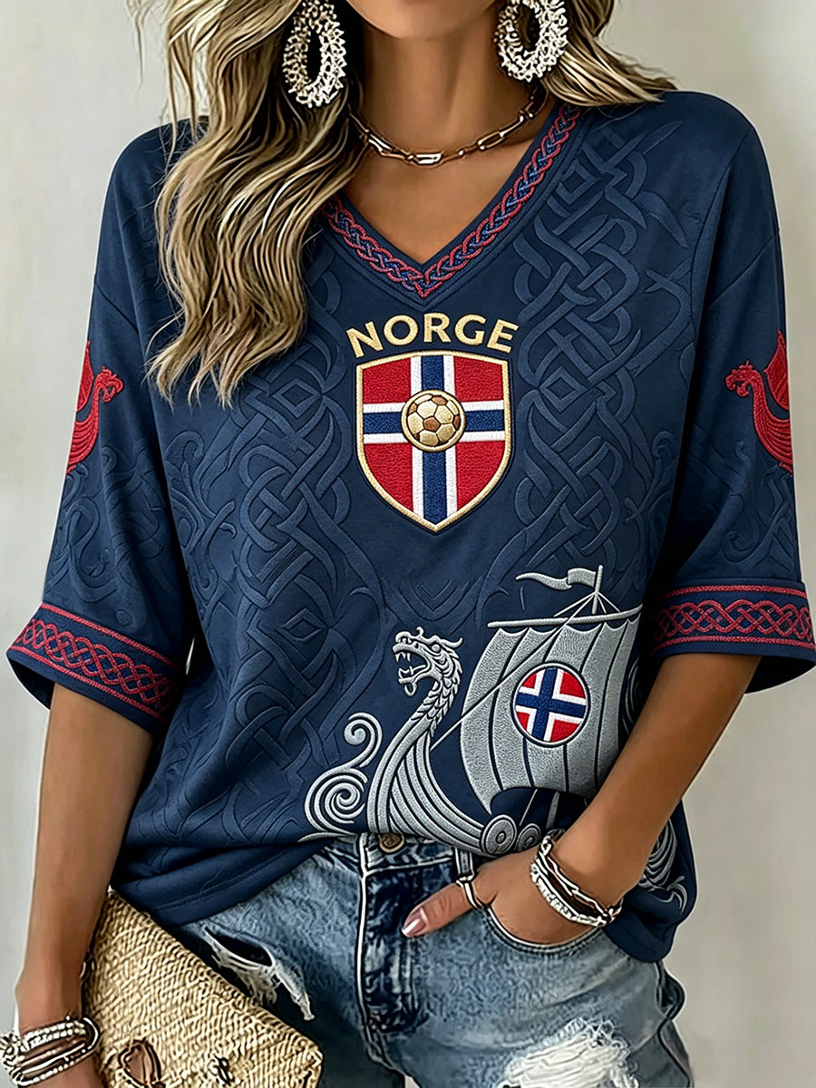 Kvinner fotballfan midt lengde ermer V-hals T-shirt