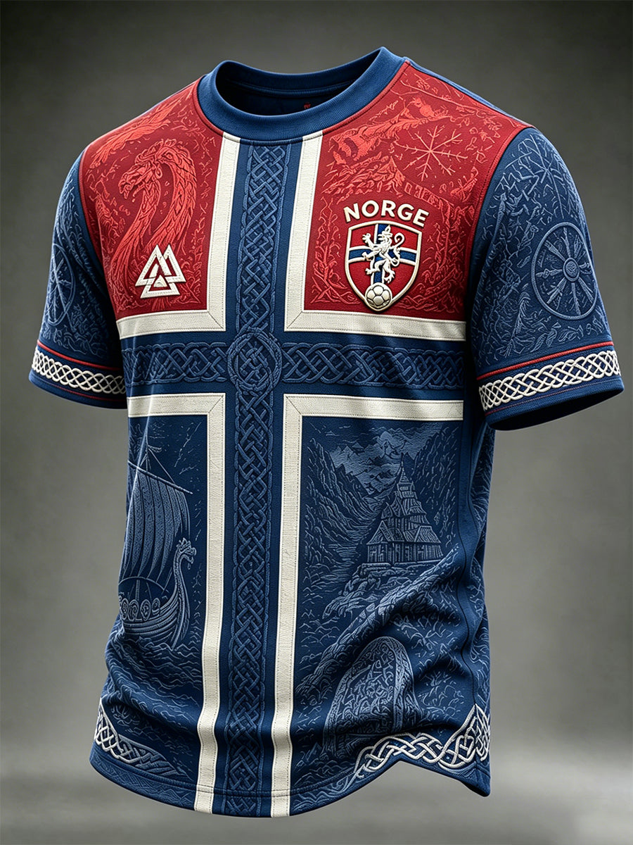 Herre-T-skjorte med viking-inspirert mønstertrykk, Norges fotballsupporter, kortermet