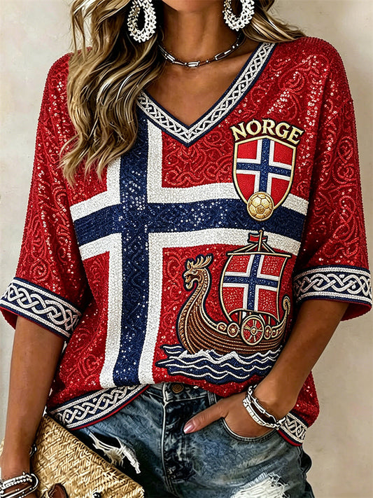Kvinner Norge Fotball Vikingeskipp Keltisk knute Flagget Glittertrykk Midtlange ermer V-utringning T-skjorte
