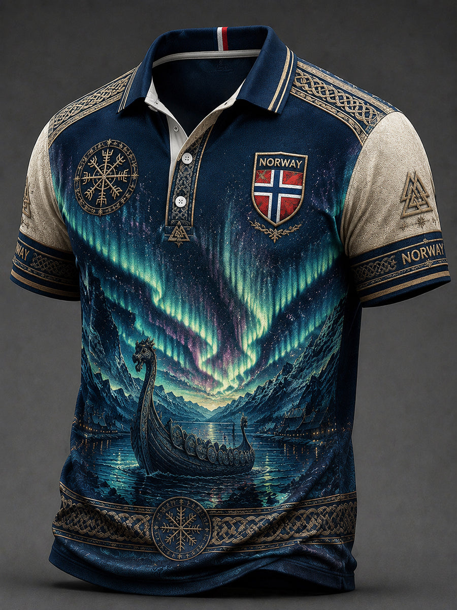 Retro norsk nordlys-lappeteppe avslappet poloskjorte