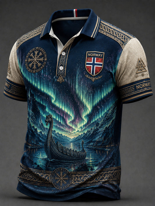 Retro norsk nordlys-lappeteppe avslappet poloskjorte