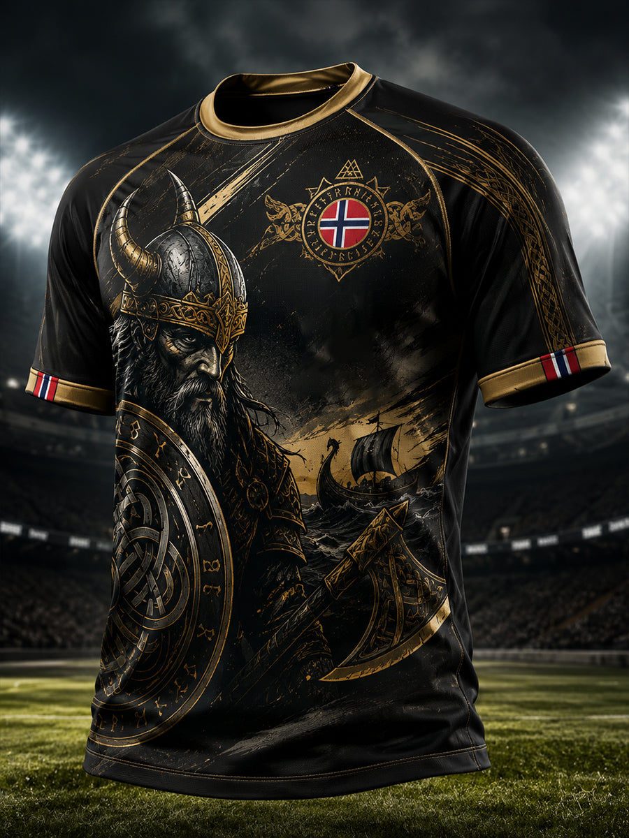 Herrers raglanskjorte med viking- og fotballmotiv, kortermet t-skjorte