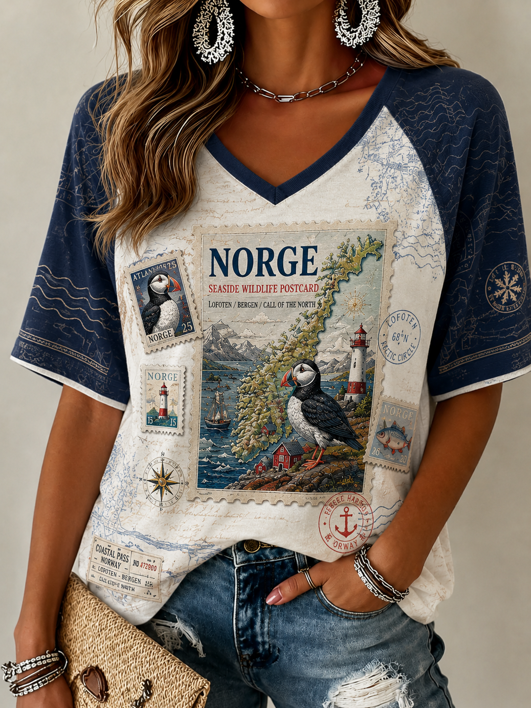 Dame-T-skjorte i lin med norske dyr og kortermet ermer