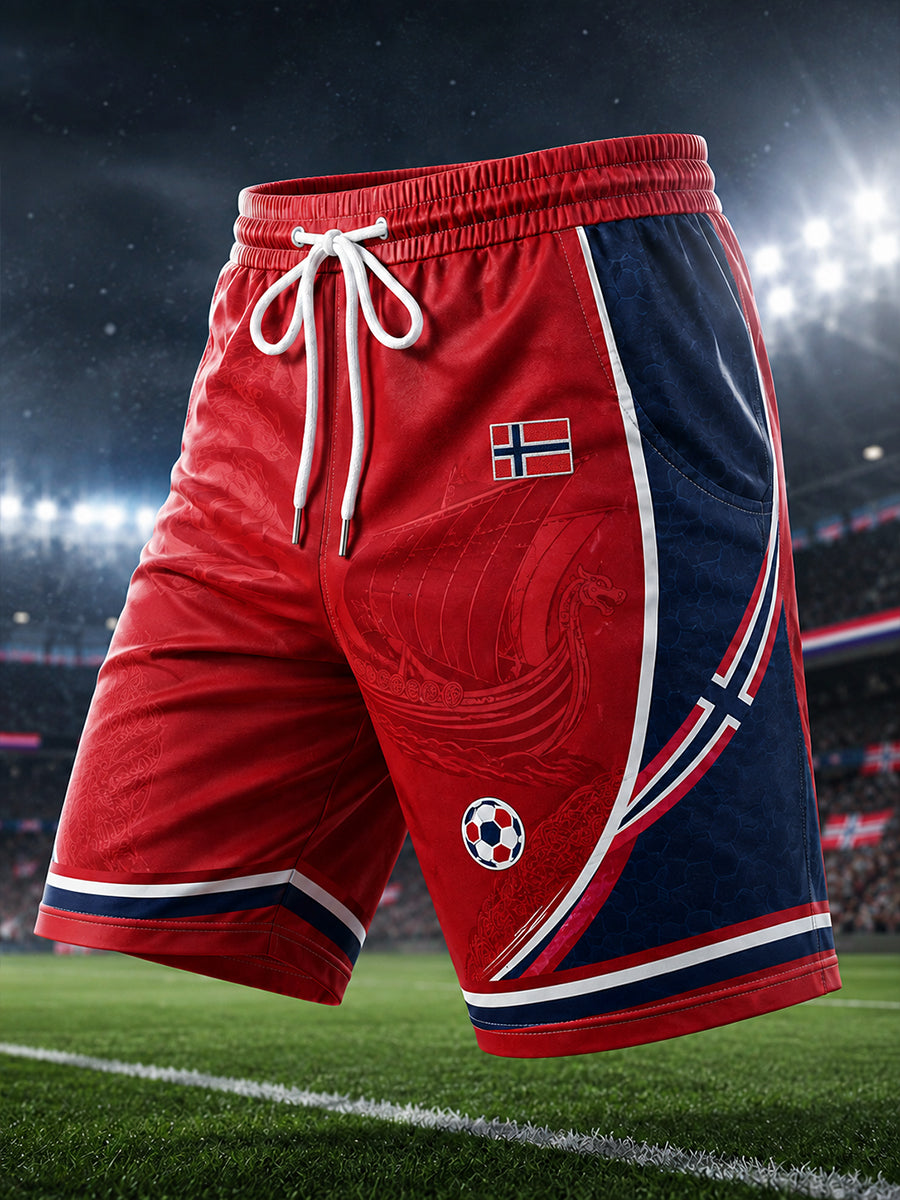 Herre shorts med viking- og fotballmotiv, egnet for idrett