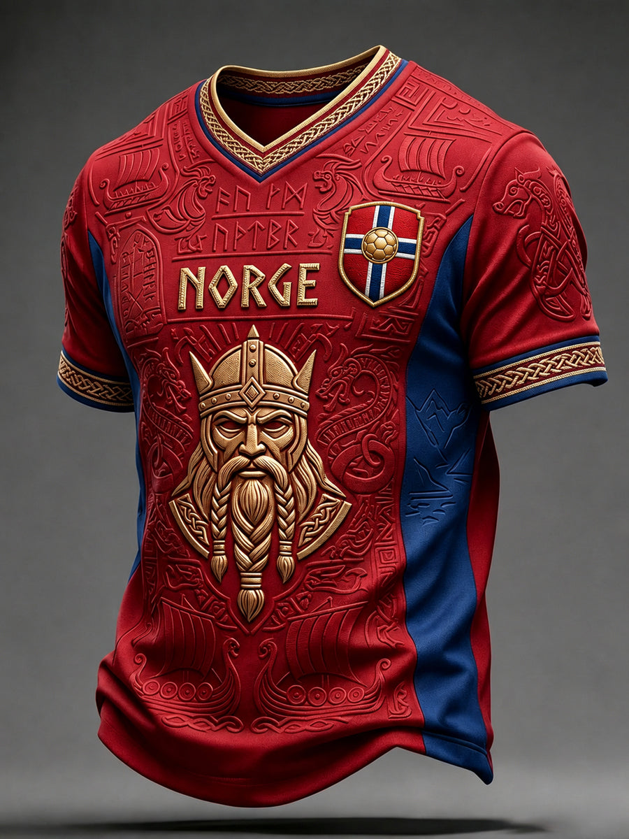 Herre-T-skjorte med viking-inspirert mønstertrykk, Norges fotballsupporter, V-utringning