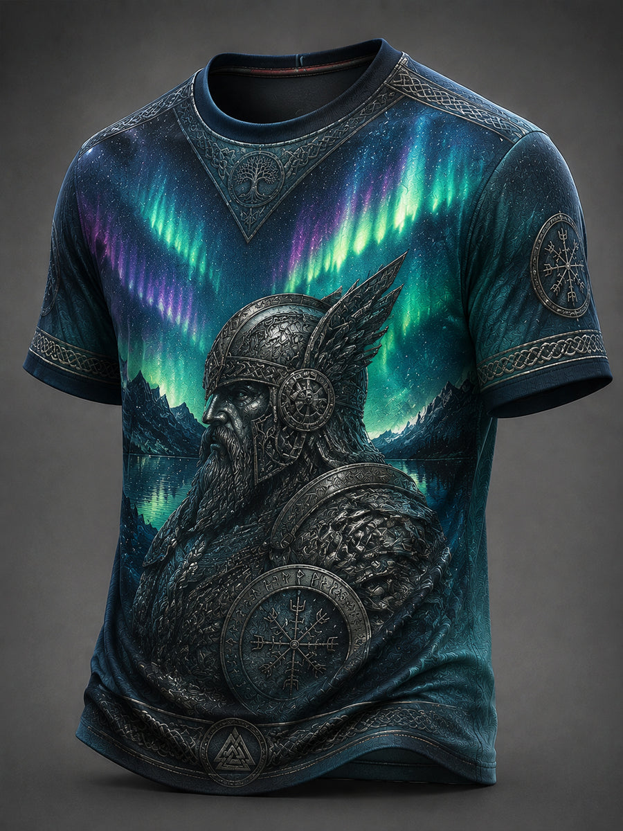 Retro norsk nordlys vikinge-kunst avslappet t-skjorte