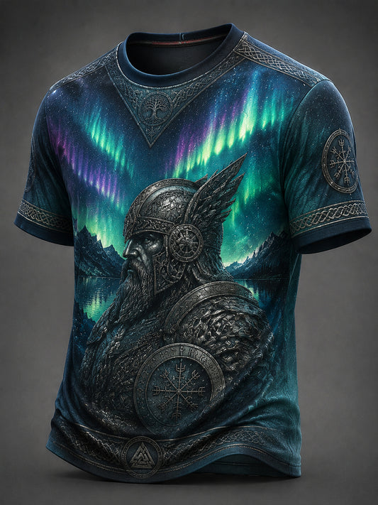 Retro norsk nordlys vikinge-kunst avslappet t-skjorte