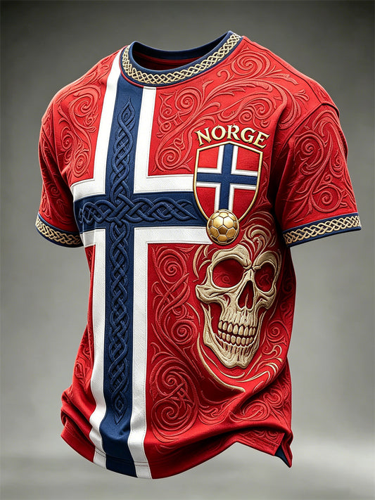 Herre-Norge fotball vikingskjegg keltisk knute flaggtrykk t-skjorte med korte ermer