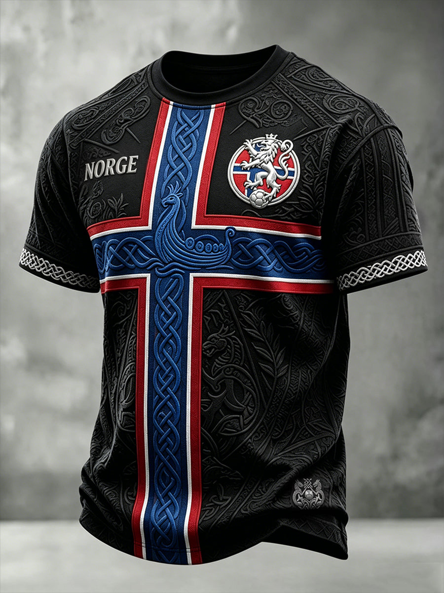 Herre-Norge fotball vikinginspirert mønstertrykk t-skjorte med korte ermer