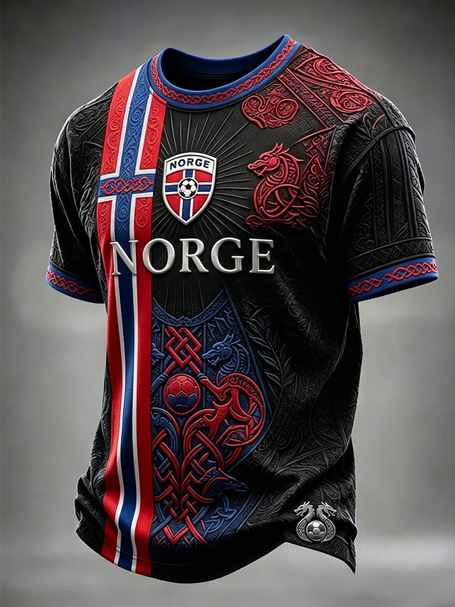 Herre-Norge fotball vikinginspirert mønstertrykk t-skjorte med korte ermer