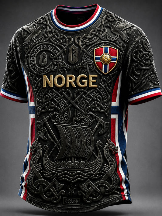 Herre-Norge fotball vikinginspirert kunsttrykk t-skjorte med korte ermer