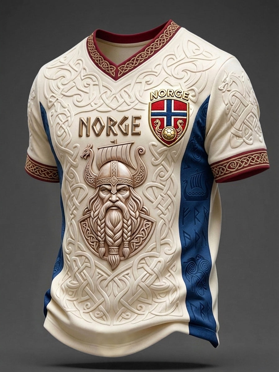 Herre-Norge fotball viking-inspirert kunsttrykk T-skjorte med V-utringning