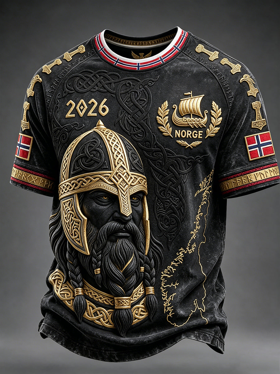 Herre-T-skjorte med viking-inspirert mønstertrykk, Norges fotballfan, kortermet